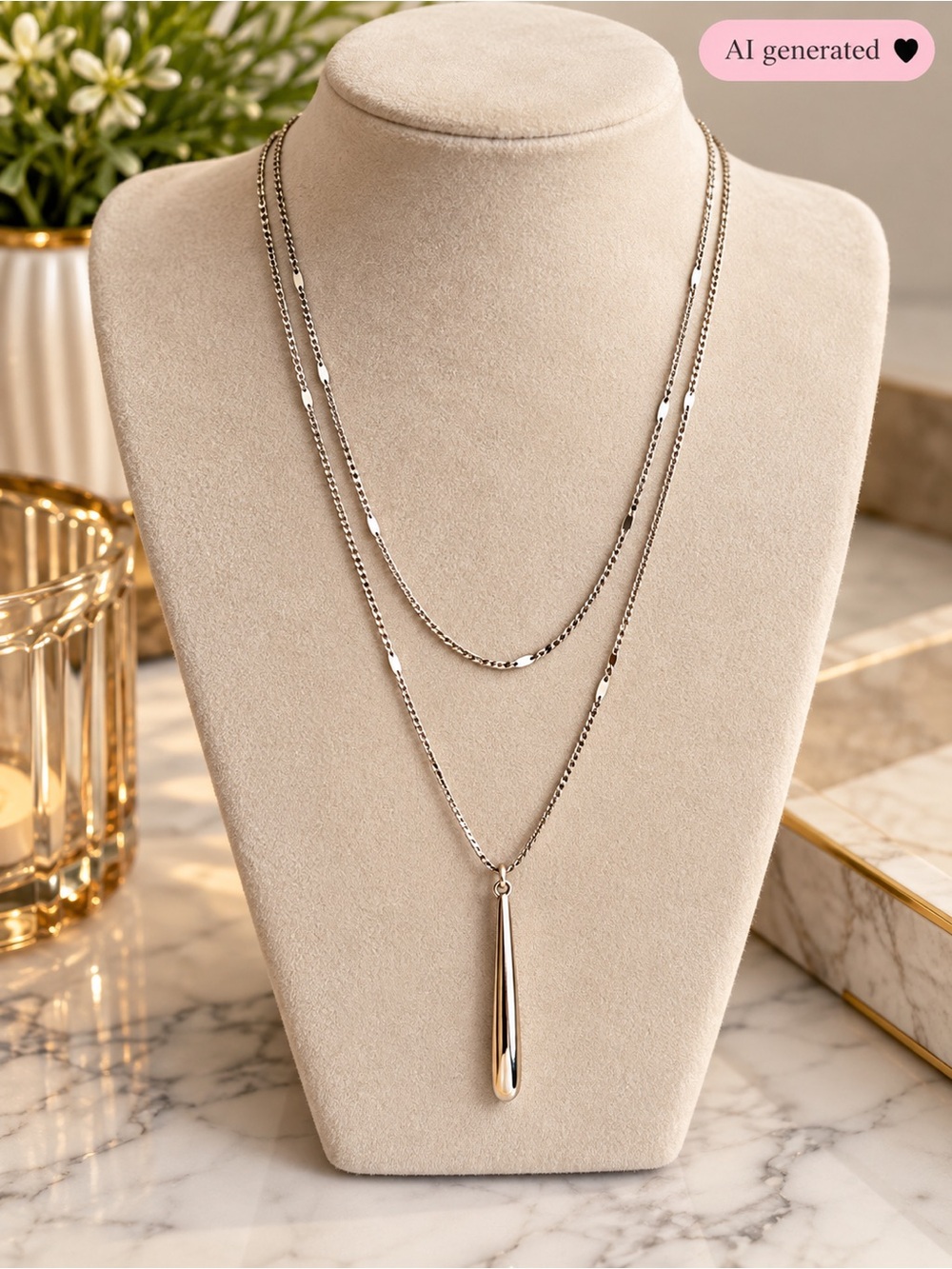 Sterling Silver Layered Teardrop Necklace - Silver